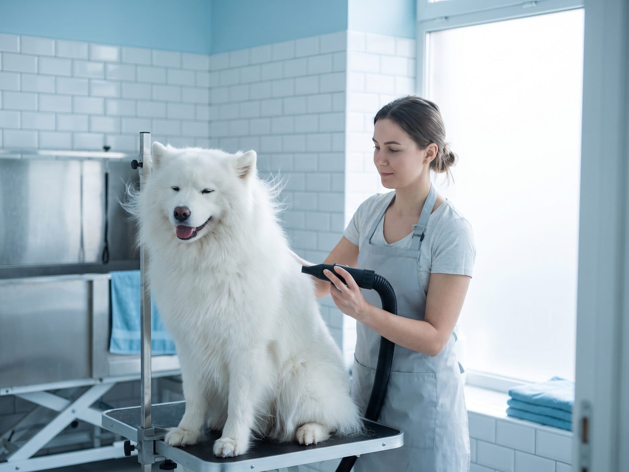 Hvit samojed blir føhntørket på stellebordet i et lyst behandlingsrom.